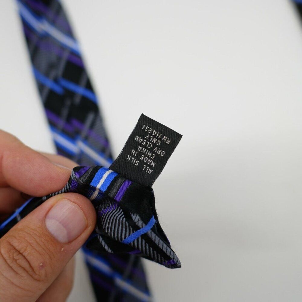 Pronto Uomo Black Purple Blue Plaid Silk Tie Long - Picture 5 of 7
